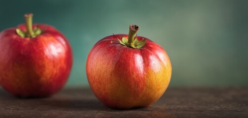  a couple of red apples sitting on top of a wooden table next to each other on top of a wooden table.
