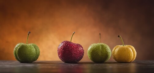 a group of three apples sitting next to each other on top of a wooden table in front of a brown background.