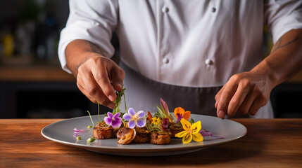 A  young Filipino chef plating a modern take on a traditional Adobo dish with edible flowers.