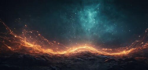  a computer generated image of a mountain covered in fire and smoke with a blue sky and stars in the background.