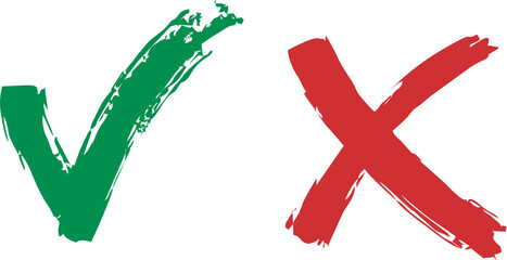 Tick and Cross sign hand drawn in high HD resolution on transparent background. Good for vote, election choice, check marks, approval signs. Red X and green OK symbol icons. PNG  format. - obrazy, fototapety, plakaty