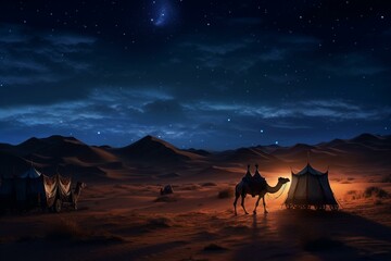Romantic image featuring camels in desert at night, caravan on sand dunes, crescent moon in starry sky. Generative AI