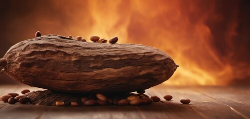  a rock sitting on top of a pile of nuts on top of a wooden floor with a fire in the background.