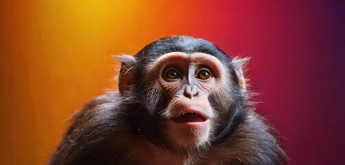  a close up of a monkey's face with a multicolored wall in the background and a red, yellow, blue, green, orange, pink, and purple, and yellow background.
