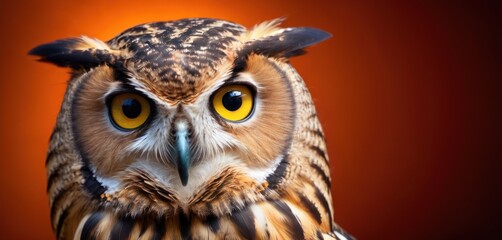  a close up of an owl's face with yellow eyes and a black back ground with a red background.