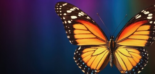  a close up of a butterfly flying in the air with a multicolored background in the backround.