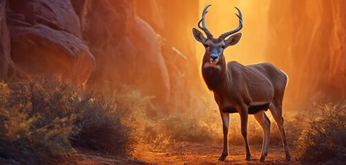  an antelope standing in the middle of a dirt road in the middle of a forest with tall rocks in the background.