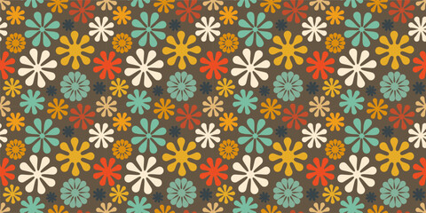 A retro style seamless pattern with a hippie flower aesthetic design, vector background. Print surface for textiles, wrapping, and webs.