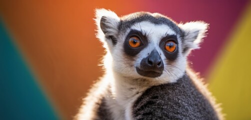  a close up of a lemura's face with an orange - eyed look on it's face.