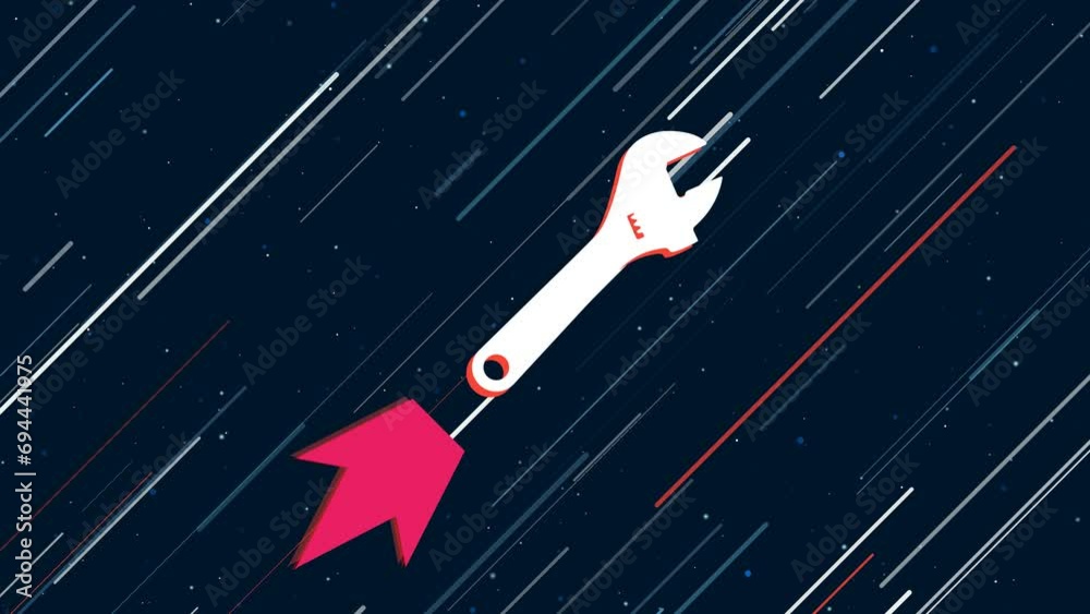 Wall mural adjustable wrench symbol flies through the universe on a jet propulsion. the symbol in the center is