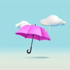 3d realistic render illustration of pink umbrella with rainy clouds in the sky, isolated composition - obrazy, fototapety, plakaty