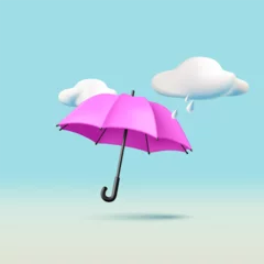 Fotobehang 3d realistic render illustration of pink umbrella with rainy clouds in the sky, isolated composition © marynaionova