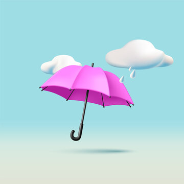 3d realistic render illustration of pink umbrella with rainy clouds in the sky, isolated composition