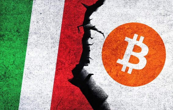 Bitcoin and Italy flag on a wall with a crack. Italy Bitcoin banned, not legal, stack, illegal, blockchain technology for crypto currency concept