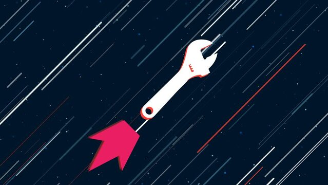 Adjustable wrench symbol flies through the universe on a jet propulsion. The symbol in the center is shaking due to high speed. Seamless looped 4k animation on dark blue background with stars