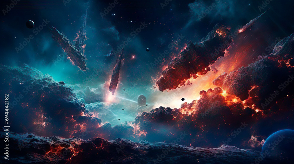 Wall mural interstellar intergalactic war in outer infinity space. high-tech deep space exploration to find new