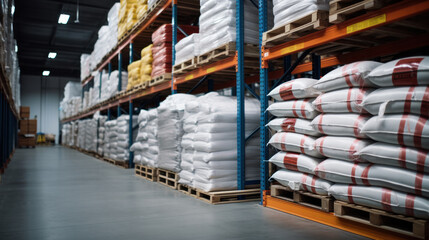 Flour bags in warehouses are stacked on pallets, factories for processing and as mix ingredient - obrazy, fototapety, plakaty