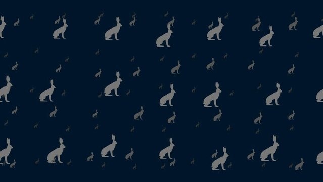 Hare symbols float horizontally from left to right. Parallax fly effect. Floating symbols are located randomly. Seamless looped 4k animation on dark blue background