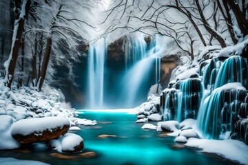 waterfall in the forest during winter - obrazy, fototapety, plakaty