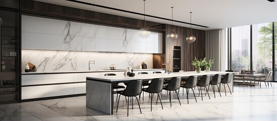 Combined luxury modern kitchen and dining room with large white marble design.