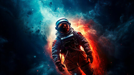 A portrait of a male astronaut explores mysterious outer space. An expedition into deep space in order to search for new planets adapted for human life. Scientific mission flight. Amazing nebula