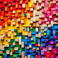 A bunch of multiple colored wooden blocks arranged in an assortment