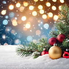Fototapeta na wymiar fir tree and decorations with christmas light behind