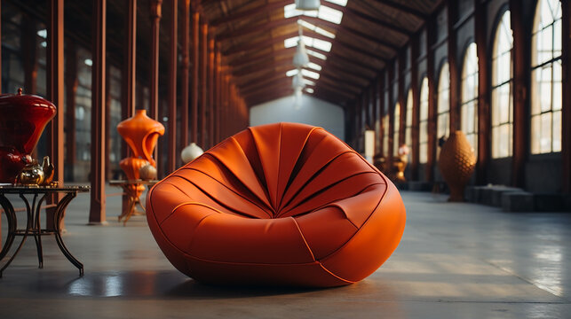A wide photo of an isolated beautiful orange color cozy sofa in a middle of big hall  
