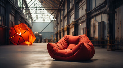 A wide photo of an isolated beautiful orange color cozy sofa in a middle of big hall  