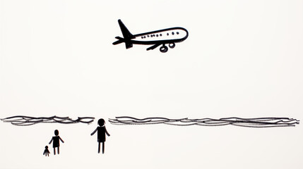 A simplistic stick-figure drawing of an airplane with uneven wings flying over a child-like doodle of a beach.