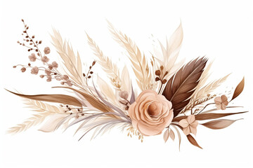 Watercolor boho floral border, Pampas grass, Vintage brown floral composition, empty copy space - obrazy, fototapety, plakaty