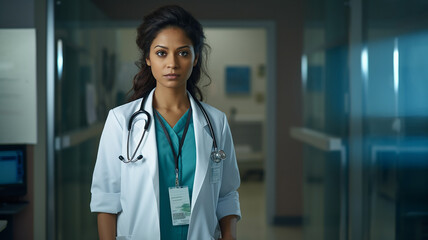 Portrait of female doctor with stethoscope in hospital corridor.