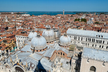 Aerial view from St Mark bell tower Campanile of the old town of Venice, Veneto, Italy, Europe....