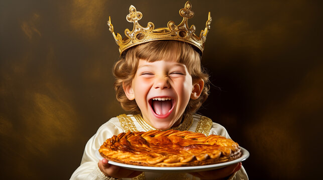 A child with a crown smiling joyfully, holding a slice of galette des rois, with a visible f&egrave;ve on the plate.