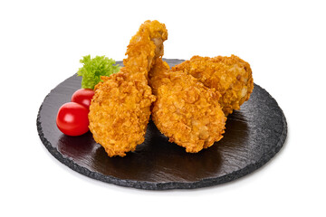 Fried Chicken in breadcrumbs with ketchup, isolated on white background.