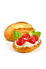 Crostini with cream cheese, isolated on white background. High resolution image.