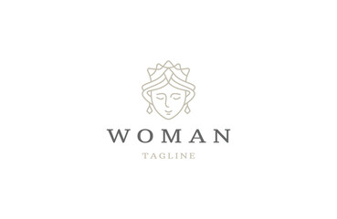 Beauty queen woman with line art style logo design template