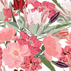 Cotton fabric Vintage colors seamless tropical pattern with colorful garden flowers and orchids on white background. Seamless exotic pattern with tropical plants. Exotic wallpaper.