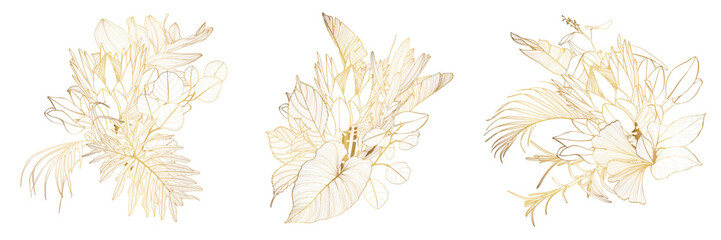 Tropical composition set with golden line flowers branch and leaves. Card element. Bouquet of flowers with exotic Leaf isolated on white background. Composition for invitation to party or holiday.