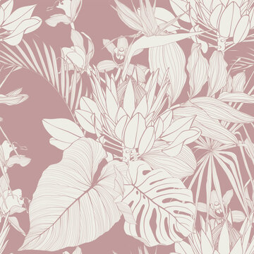 Seamless tropical pattern with line leaves, flowers and plants. Seamless exotic pattern with tropical plants. Exotic wallpaper. Trendy summer Hawaii print.