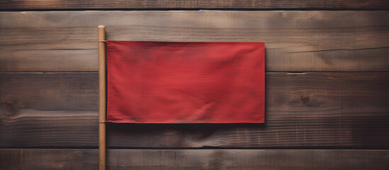  Red flag background for poster mockup with realistic fabric curtain hang on wood wall. Unique and creative background idea for your design.AI Generative