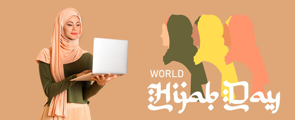 Banner for World Hijab Day with beautiful Muslim woman holding laptop