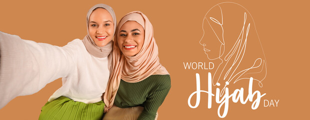 Banner for World Hijab Day with beautiful Muslim women taking selfie