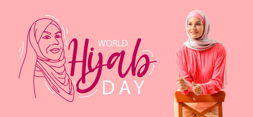 Banner for World Hijab Day with pretty Muslim woman