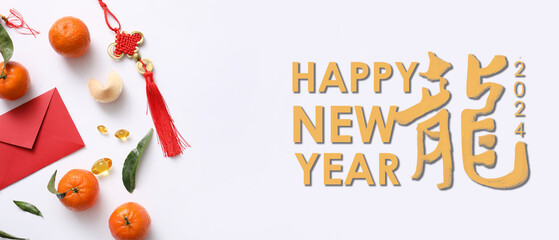 Greeting banner for Happy Chinese New Year 2024 with symbols on white background - obrazy, fototapety, plakaty