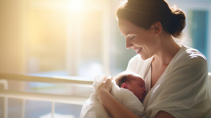 Sunny white hospital scene: A radiant mother cradles her newborn, bathed in natural light. The image exudes warmth, capturing the pure joy of early moments in the hospital. Generative AI - Powered by Adobe
