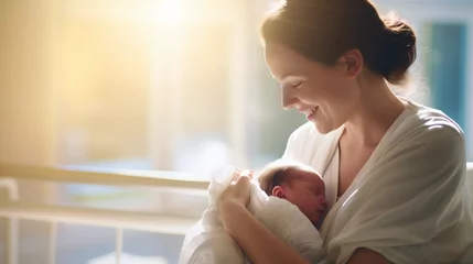 Fotobehang Sunny white hospital scene: A radiant mother cradles her newborn, bathed in natural light. The image exudes warmth, capturing the pure joy of early moments in the hospital. Generative AI © s1llu
