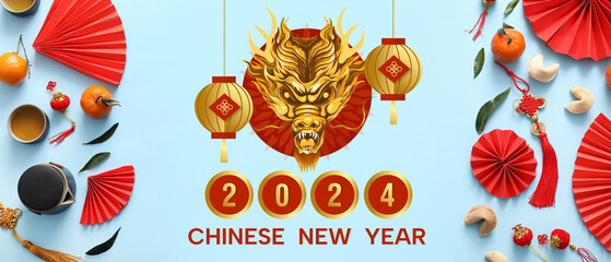 Greeting banner for Happy Chinese New Year 2024 with symbols on light blue background