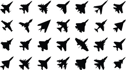 Military aircrafts icon set. Fighters and bombers silhouettes. Isolated vector illustrations on white background.  - obrazy, fototapety, plakaty