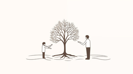 An elderly hand and a young hand planting a tree together in a simple line-drawing style.